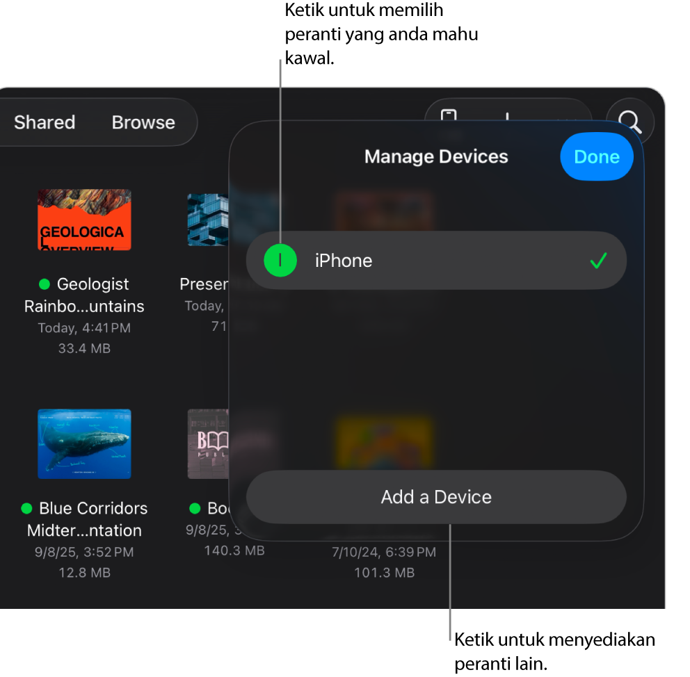 Menu timbul Uruskan Peranti menunjukkan pautan Tambah Peranti.