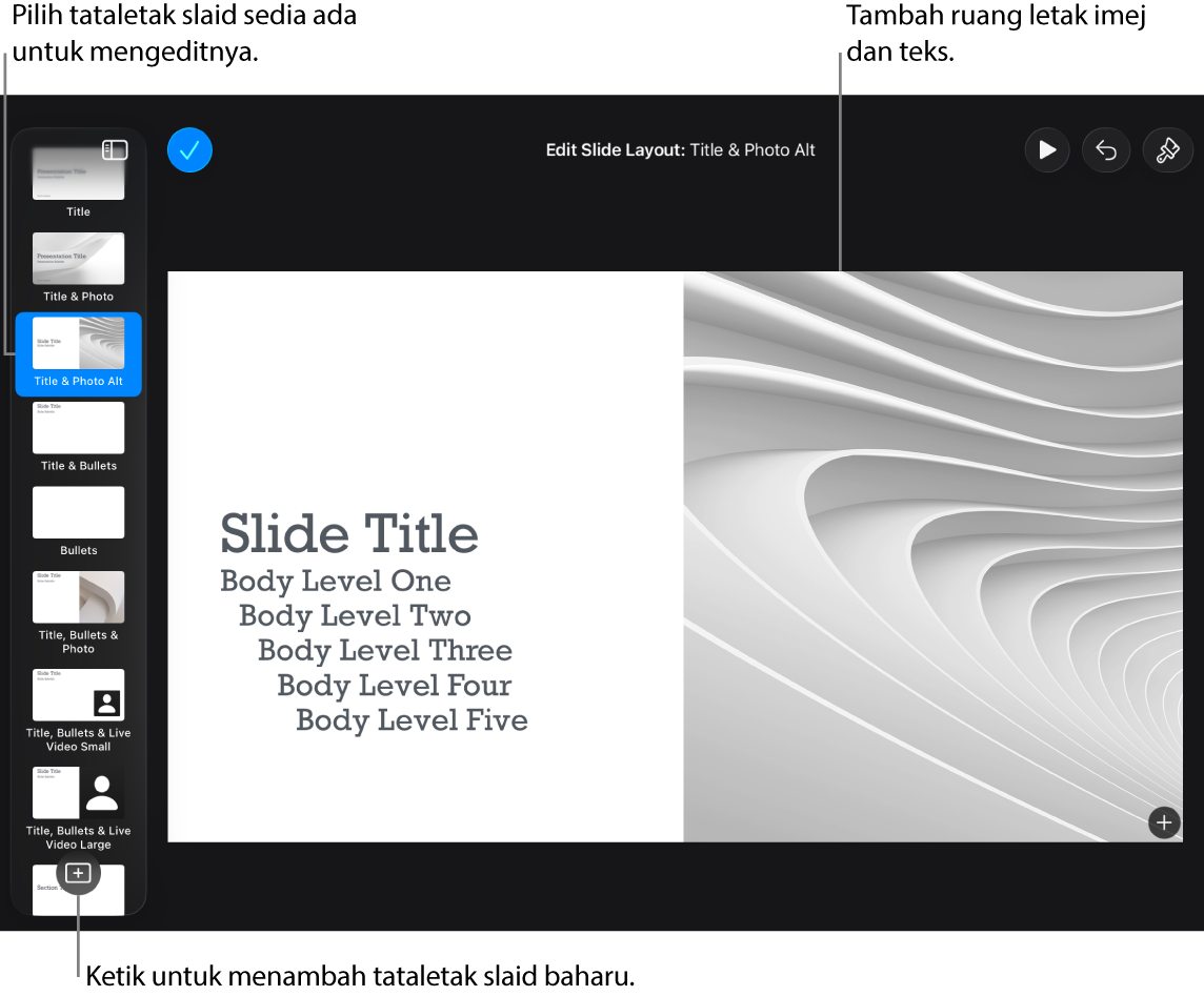 Tataletak slaid ditunjukkan pada kanvas slaid, dengan butang Tambah Tataletak Slaid di bahagian bawah penavigasi slaid.
