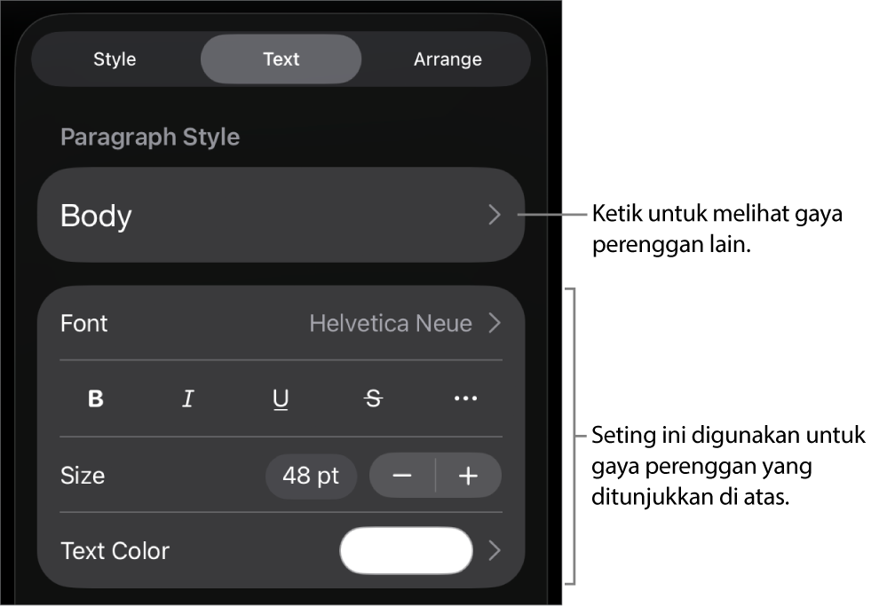 Menu Format menunjukkan kawalan teks untuk mengesetkan perenggan dan gaya, fon, saiz dan warna aksara.