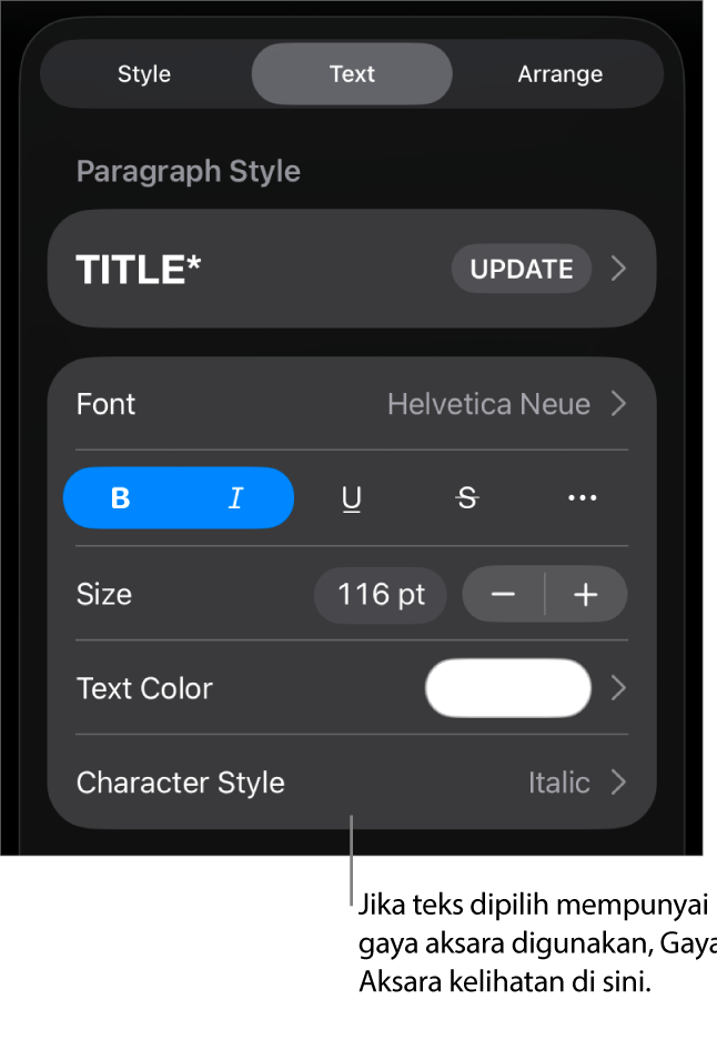 Kawalan pemformatan Teks dengan Gaya Aksara di bawah kawalan Warna. Gaya aksara Tiada kelihatan dengan asterisk.