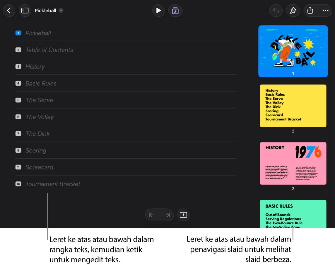 Paparan rangka dengan rangka teks pembentangan di sebelah kiri skrin dan penavigasi slaid menegak di sebelah kanan.