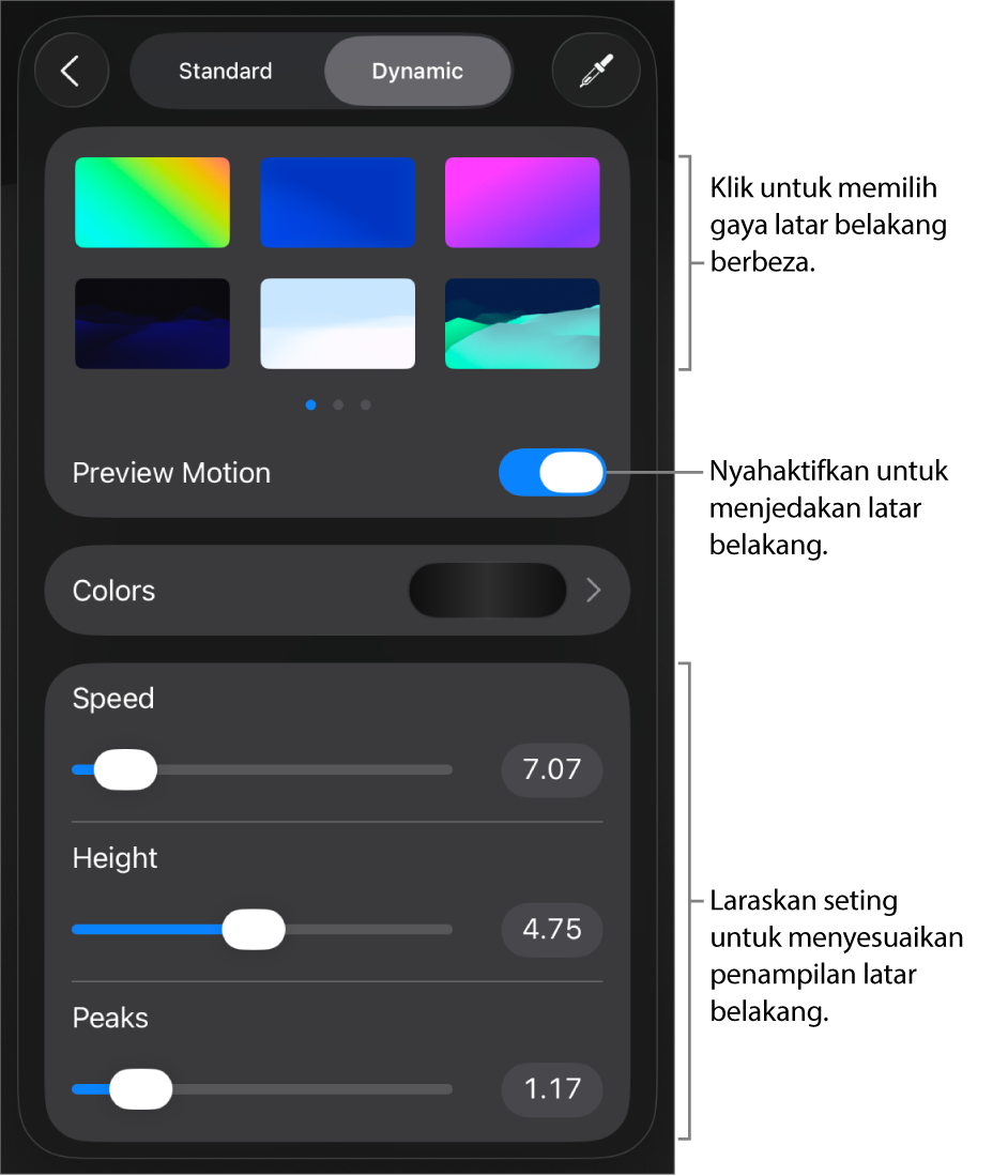 Kawalan latar belakang dinamik dengan imej kecil gaya latar belakang, butang Pratonton Pergerakan dan kawalan disesuaikan dipaparkan.