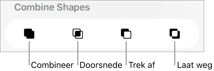 De knoppen 'Combineer', 'Doorsnede', 'Trek af' en 'Laat weg' onder 'Voeg vormen samen'.