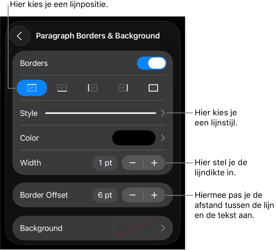 Regelaars voor het wijzigen van de stijl, dikte, positie en kleur van de lijn.