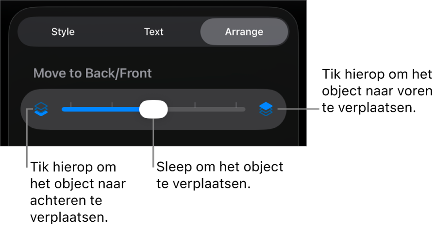De achteruitknop, de vooruitknop en de schuifknop voor lagen.
