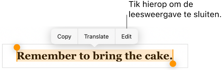 Er is een zin geselecteerd en erboven staat een contextueel menu met de knoppen 'Kopieer' en 'Wijzig'.