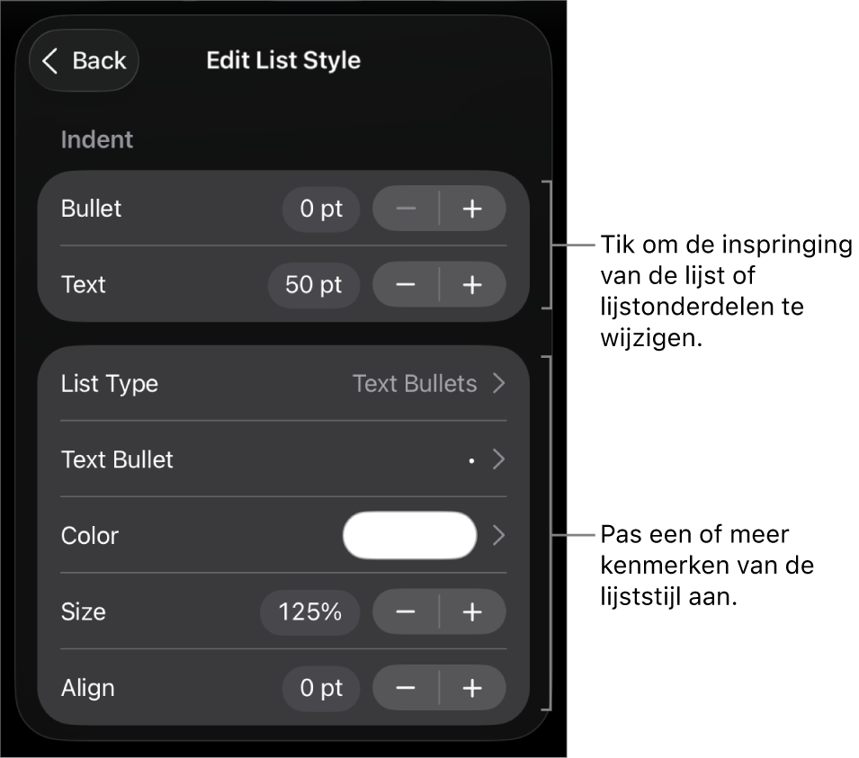 Het menu 'Bewerk lijststijl' met regelaars voor het wijzigen van het lijsttype en de vormgeving van de lijst.