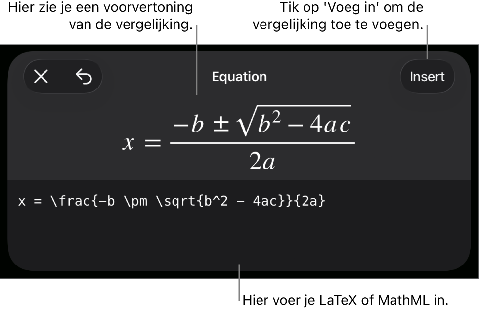 Het venster 'Vergelijking' met daarin een vergelijking die geschreven is met MathML-commando's en erboven een voorvertoning van de formule.