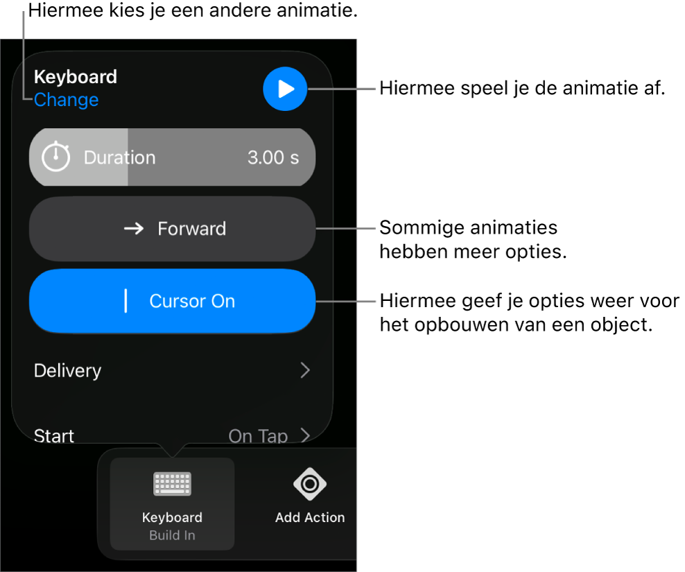 Je kunt opties instellen als 'Duur', 'Uitvoer' en 'Begin'. Tik op 'Wijzig' om een andere animatie te kiezen. Tik op 'Toon' voor een voorvertoning van de animatie.