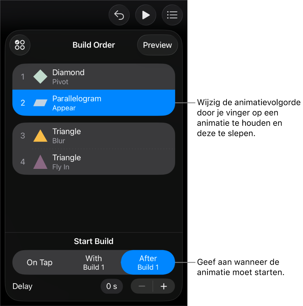 De lijst 'Animatievolgorde' met begineffecten met gele symbolen en eindeffecten met grijze symbolen.