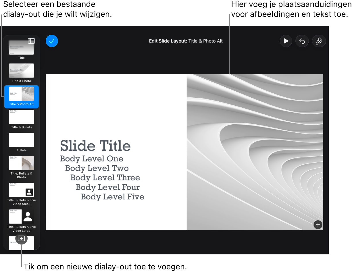 Een dialay-out in het werkgebied, met onder in het dianavigatiepaneel de knop voor een nieuwe dialay-out.