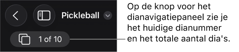 De knop voor het dianavigatiepaneel met daarop het huidige dianummer en het totale aantal dia's in de presentatie.