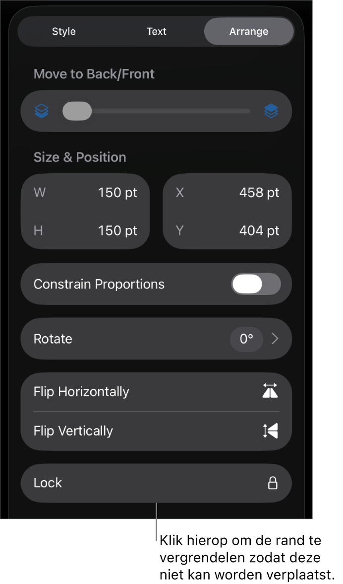 De ordenfuncties in het opmaakmenu met uitleg bij de knop 'Vergrendel'.