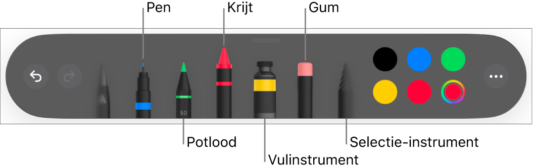 De knoppenbalk voor tekenen met een pen, potlood, krijt, vulinstrument, gum en selectie-instrument en een kleurenvak met de huidige kleur.