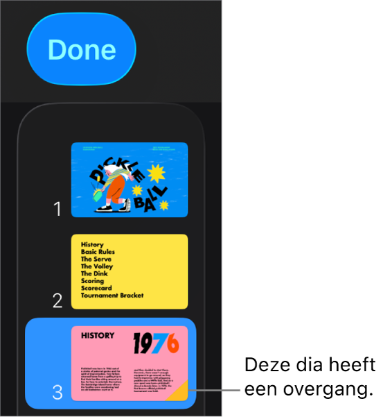 Een geel driehoekje op een dia betekent dat de dia een overgang heeft.