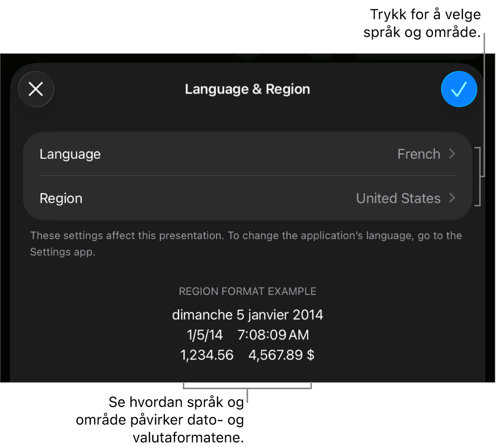 Språk og område-panelet med kontroller for språk og område, og et formateksempel med dato, klokkeslett, desimaler og valuta.