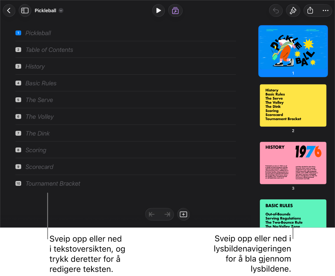 Disposisjonsvisningen, med en tekstdisposisjon for presentasjonen på venstre side av skjermen og den vertikale lysbildenavigeringen på høyre side.