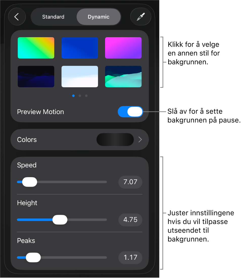 Kontrollene for dynamisk bakgrunn og miniatyrer for bakgrunnsstil og Forhåndsvis bevegelse-knappen og tilpasningskontroller vises.