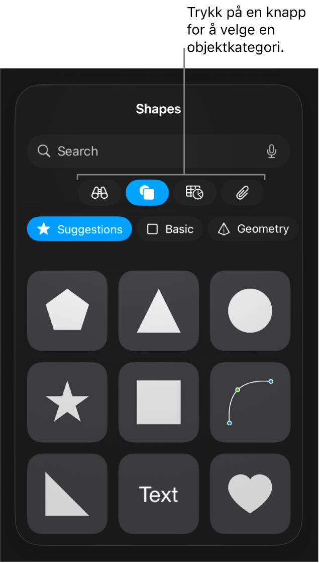 Kontrollene for å legge til et objekt, med knapper øverst for velge tabeller, diagrammer, figurer (inkludert linjer og tekstruter) og medier.