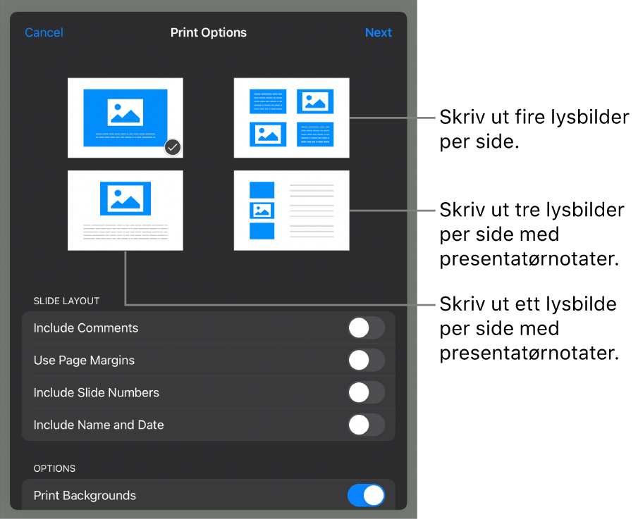 Valg for utskriftslayout.