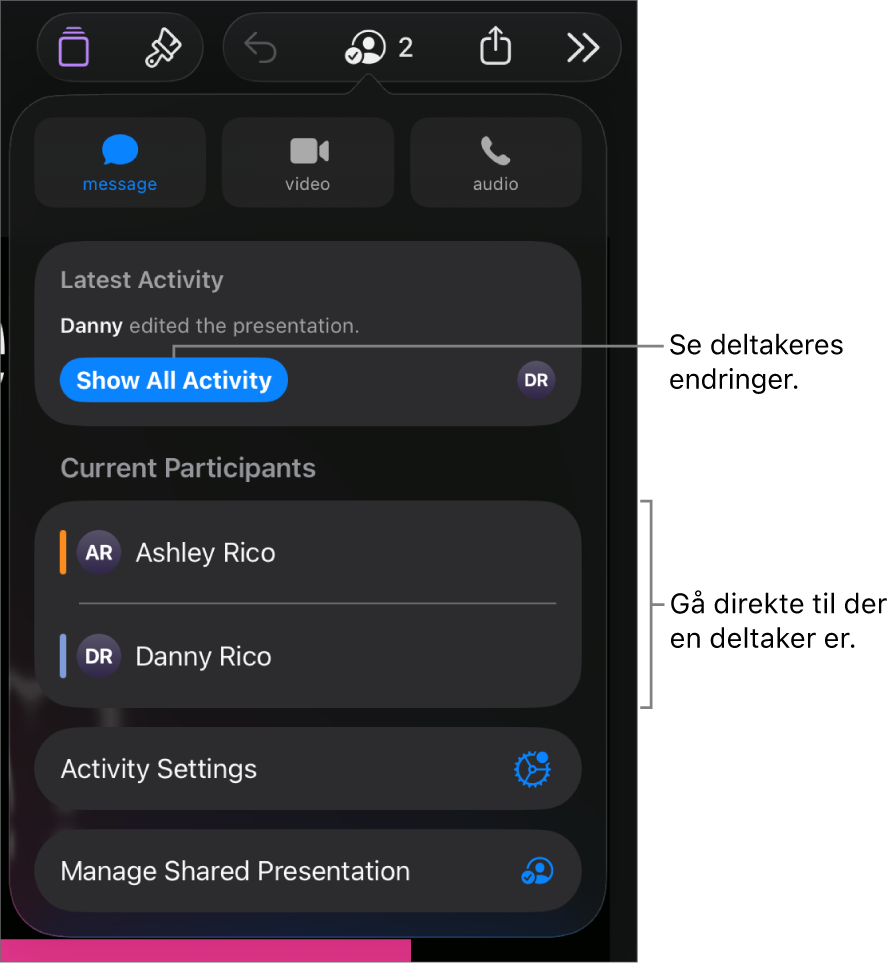 Samarbeidsmenyen, som viser gjeldende deltakere.