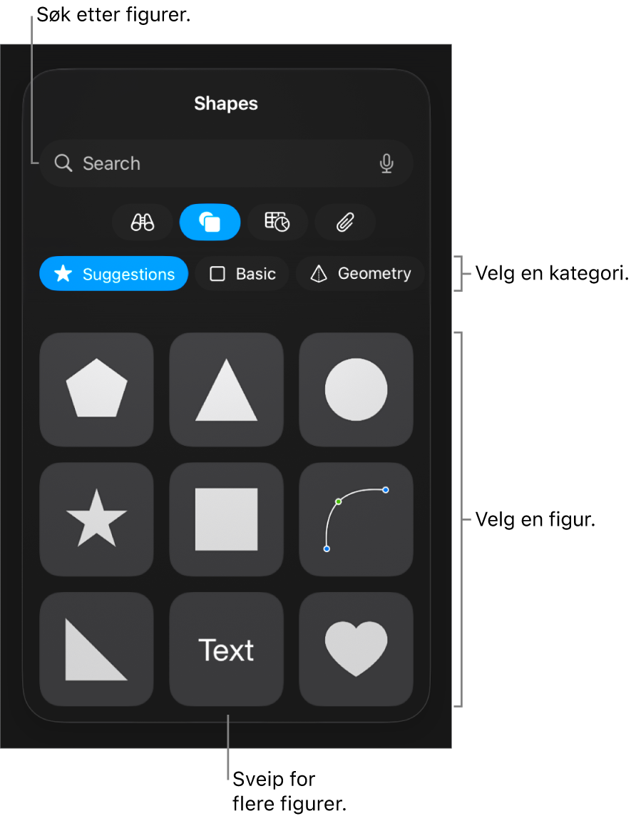 Figurbiblioteket, som viser kategorier øverst og figurer under. Du kan bruke søkefeltet øverst til å finne figurer, og du kan sveipe for å se mer.