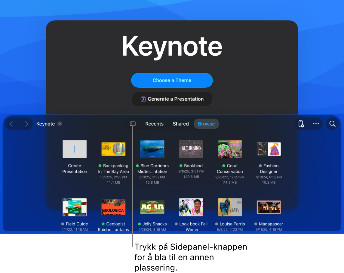 Navigeringsvisningen i dokumenthåndtereren, med Sidepanel-knappen øverst til venstre. Øverst til høyre vises Legg til-knappen, Ny mappe-knappen, Symboler-knappene (som brukes til å filtrere etter navn, dato, størrelse og etikett), Marker-knappen og Søk-knappen. Under dette vises miniatyrer av eksisterende presentasjoner.