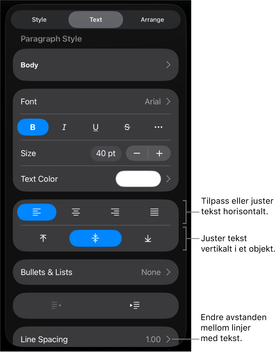 Layout-panelet med forklaringer for knapper for tekstjustering og -avstand.