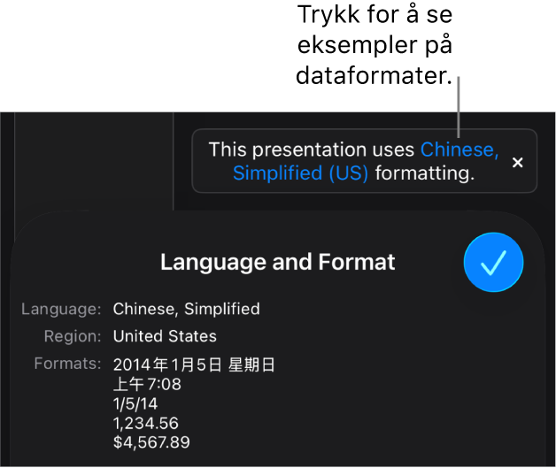 Varsling som viser en annen språk- og regionsinnstilling, med eksempler på formatering for det språket og den regionen.