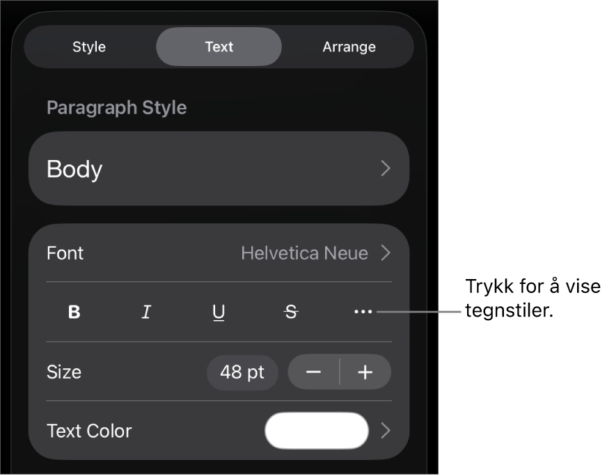 Format-kontrollene med avsnittsstiler øverst, deretter Font-kontroller. Under Font vises Halvfet-, Kursiv-, Understreket-, Gjennomstreket- og Flere tekstvalg-knappene.