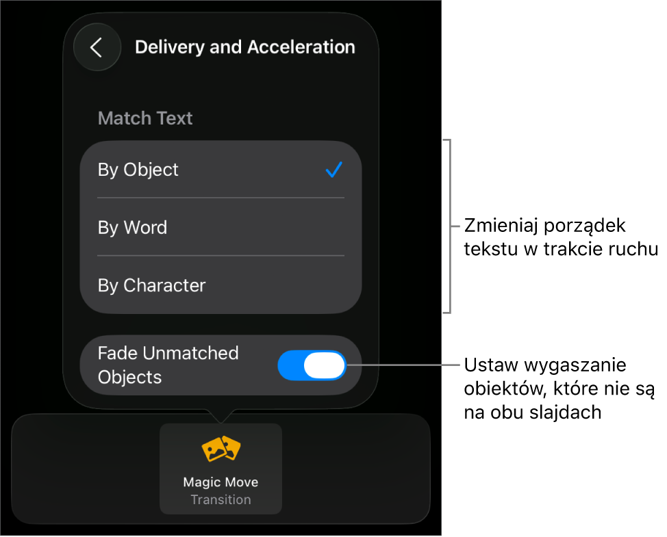 Opcje wykonania oraz zmiany tempa Magicznego przejścia w panelu Zmiany tempa.