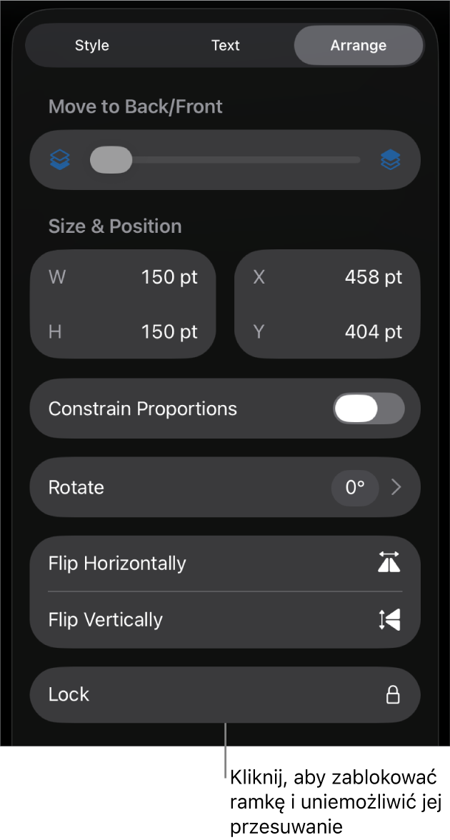 Narzędzia Uporządkuj w menu Format z wyróżnionym przyciskiem Blokuj.