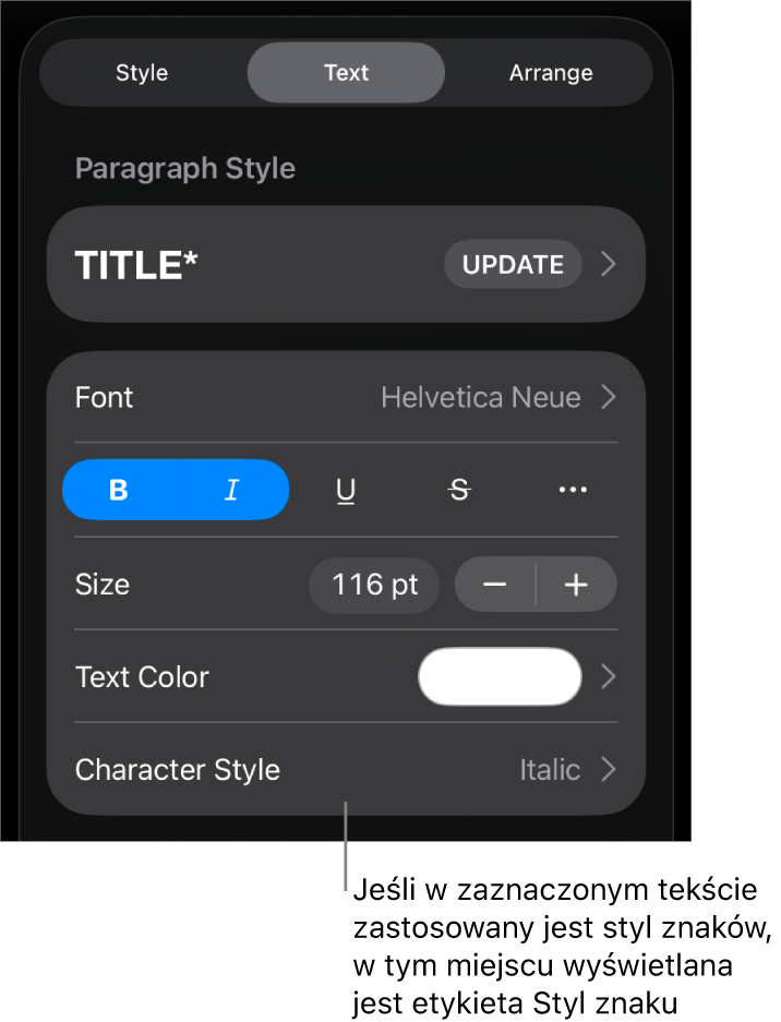 Narzędzia formatowania tekstu oraz menu stylów znaków widoczne poniżej narzędzi koloru. Styl znaków Brak wyświetlany jest z gwiazdką.