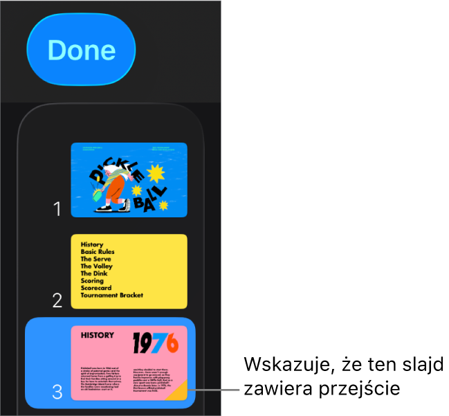 Żółty trójkąt na slajdzie wskazuje, że do slajdu dodane zostało przejście.