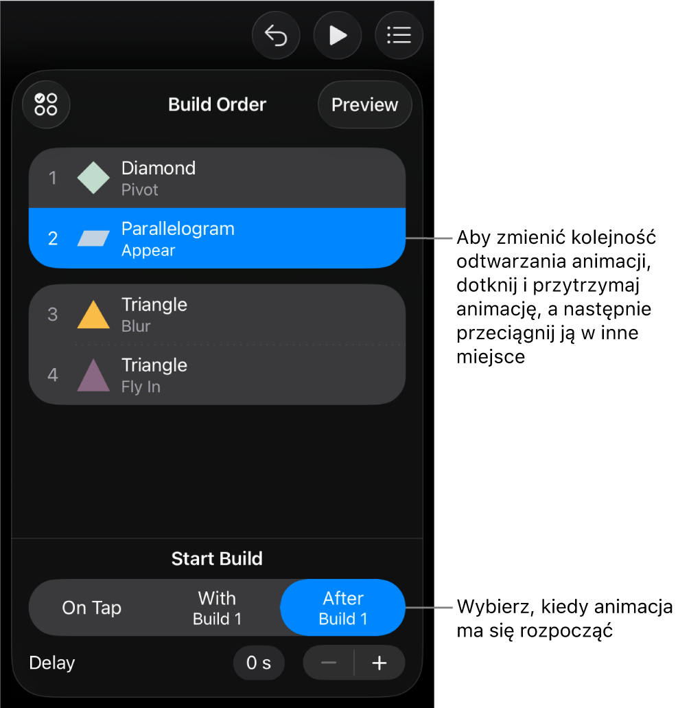 Lista kolejności animacji, zawierająca efekty wejścia oznaczone żółtymi etykietami oraz efekty wyjścia oznaczone szarymi etykietami.