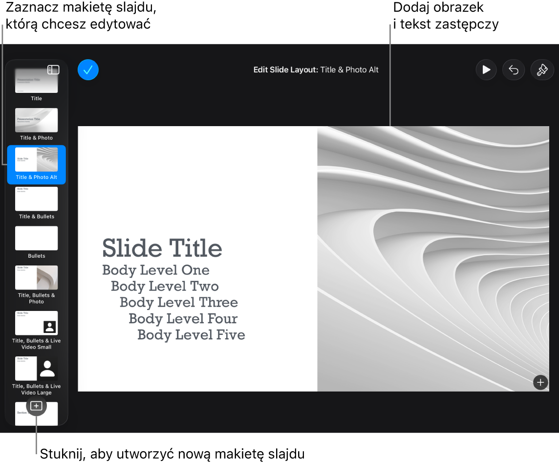 Makieta slajdu wyświetlana na obszarze roboczym. Na dole nawigatora slajdów widoczny jest przycisk Dodaj makietę slajdu