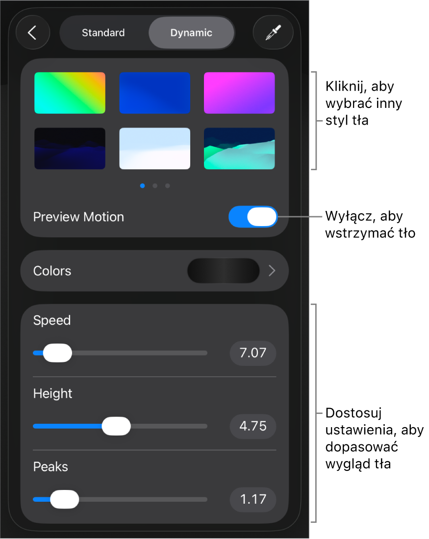 Narzędzia tła dynamicznego. Widoczne są miniaturki stylu tła, przycisk Podgląd ruchu oraz narzędzia dostosowywania.