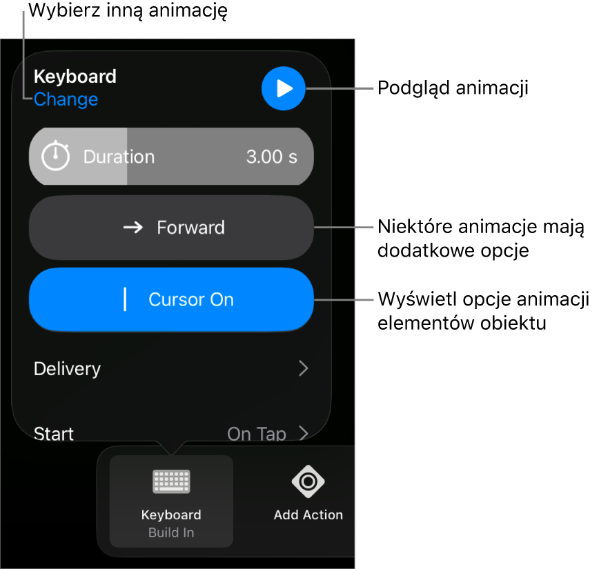 Widoczne są opcje animacji: Czas trwania, Wykonanie oraz Rozpoczęcie. Stuknij w Zmień, aby wybrać inną animację. Stuknij w Podgląd, aby zobaczyć podgląd animacji.