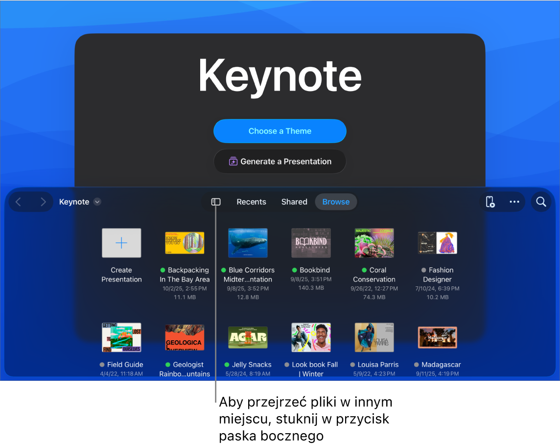 Widok przeglądarki menedżera dokumentów z przyciskiem paska bocznego w lewym górnym rogu. W prawym górnym rogu znajdują się przyciski dodawania, nowego folderu, sortowania (według nazwy, daty, wielkości lub tagu), zaznaczania oraz wyszukiwania. Poniżej widoczne są miniaturki istniejących prezentacji.