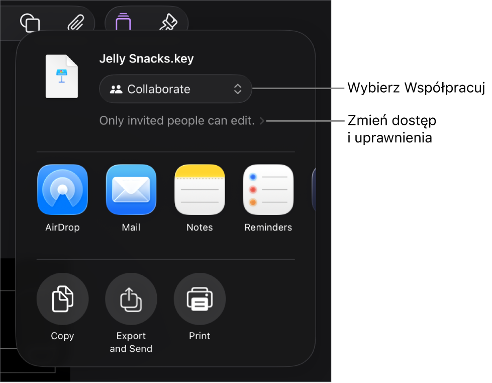 Menu udostępniania z opcją Współpracuj wybraną u góry oraz ustawieniami dostępu i uprawnień poniżej.
