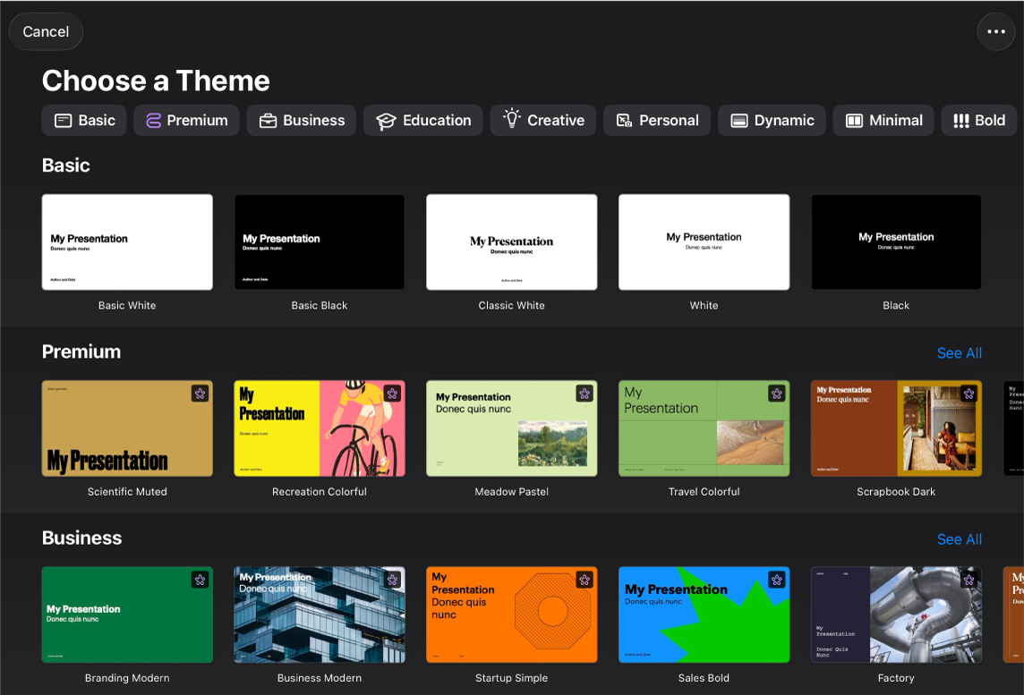 Paleta motywów z widocznym na górze wierszem kategorii, w które możesz stuknąć, aby filtrować dostępne motywy. Poniżej widoczne są miniaturki gotowych motywów uporządkowane wierszami według kategorii.