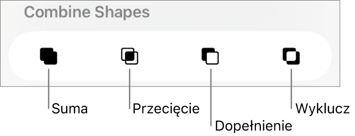 Przyciski Suma, Przecięcie, Dopełnienie, Wyklucz, znajdujące się poniżej etykiety Połącz kształty.
