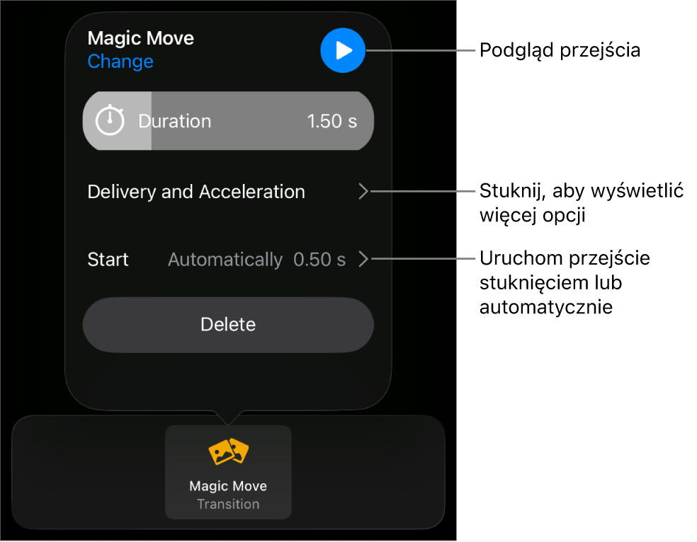 Narzędzia przejścia Magiczne przejście w panelu Przejścia.