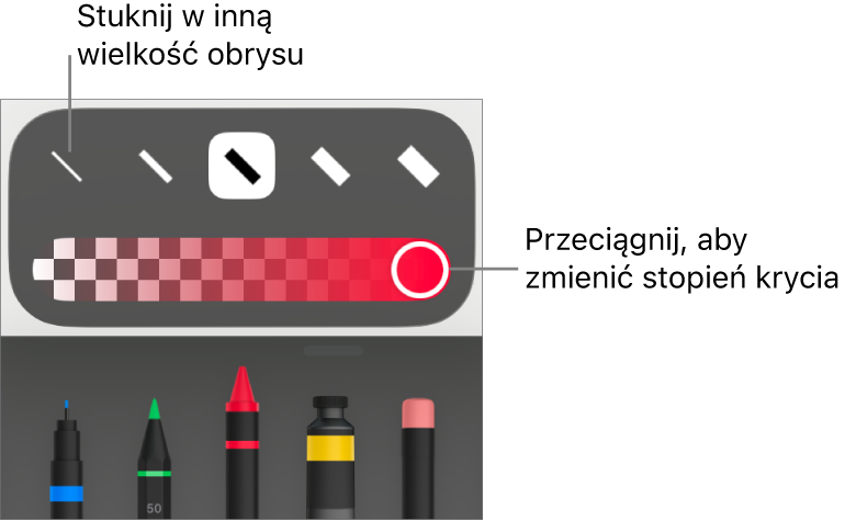 Narzędzia do ustawiania grubości kreski oraz suwak do ustawiania stopnia krycia.