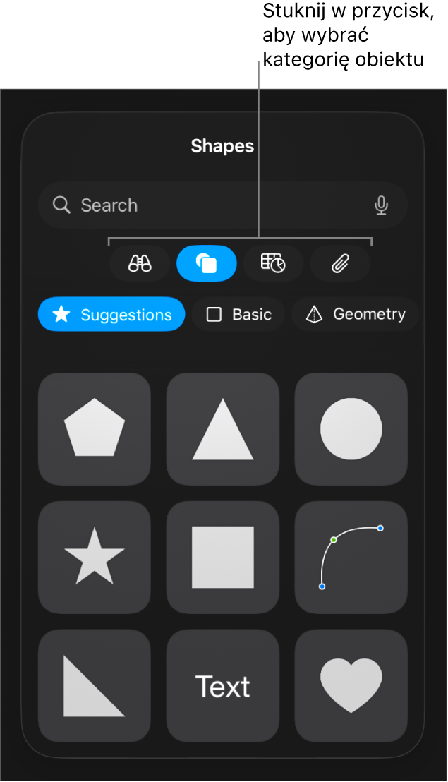 Narzędzia do dodawania obiektu; na górze widoczne są przyciski pozwalające wybrać tabele, wykresy, kształty (w tym linie i pola tekstowe) oraz multimedia.