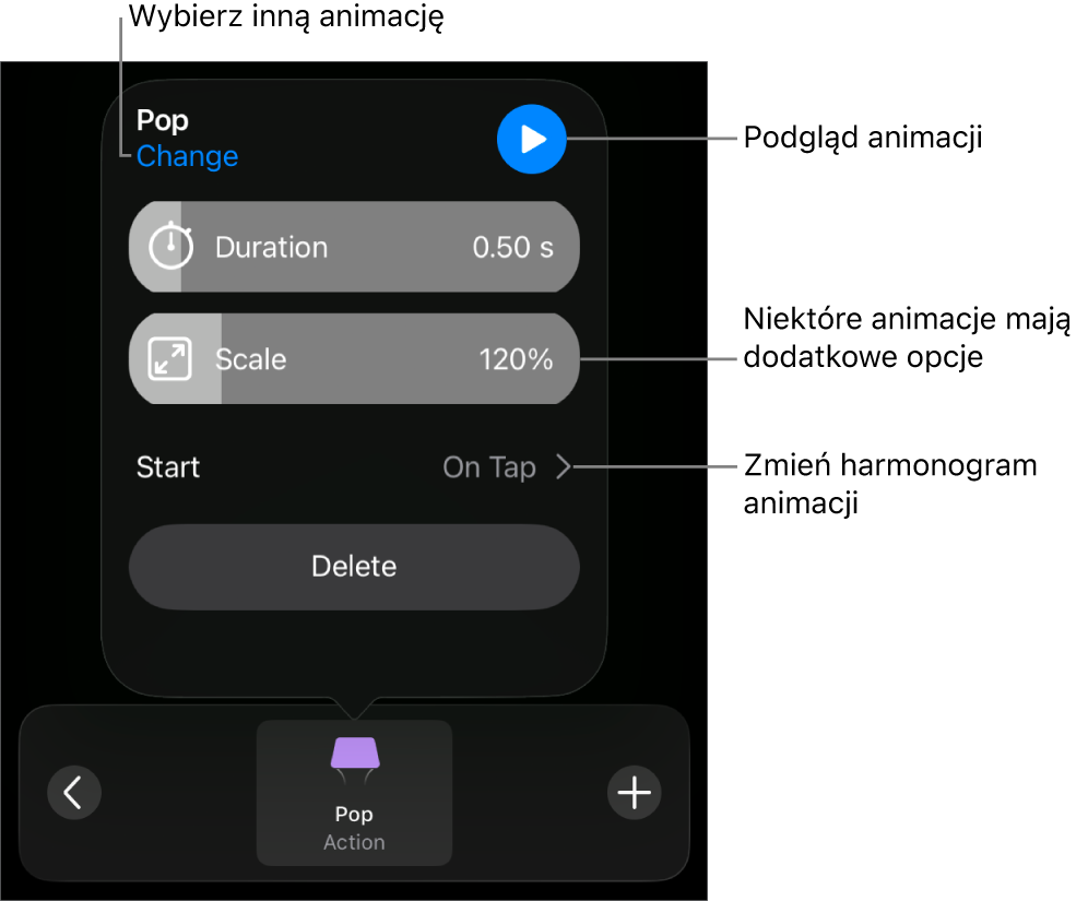 Widoczne są opcje animacji: Czas trwania oraz Rozpoczęcie. Stuknij w Zmień, aby wybrać inną animację. Stuknij w Podgląd, aby zobaczyć podgląd animacji.