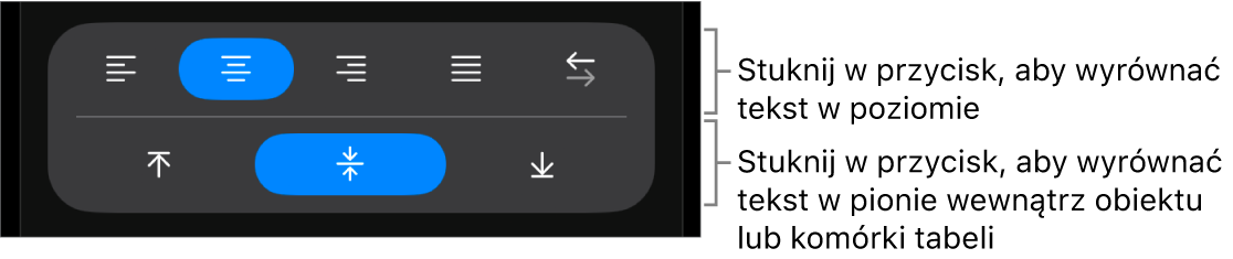 Przyciski wyrównywania tekstu w poziomie i w pionie.