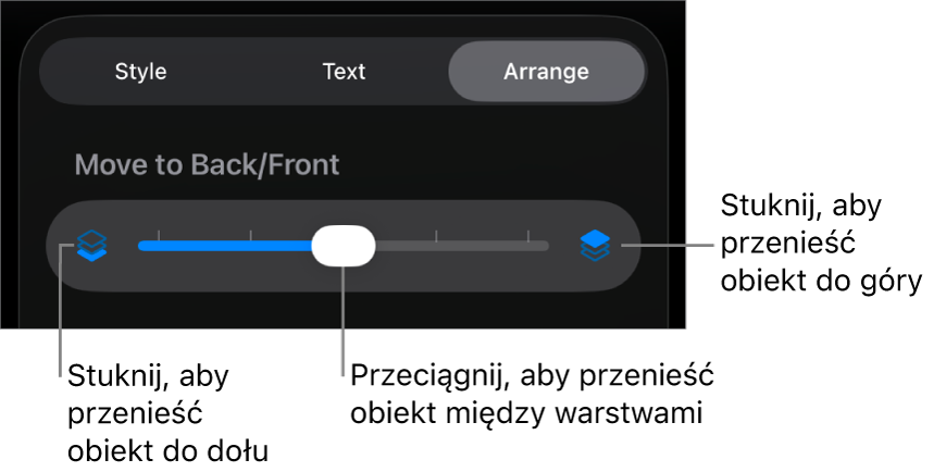 Przycisk przenoszenia niżej, przycisk przenoszenia wyżej i suwak warstw.