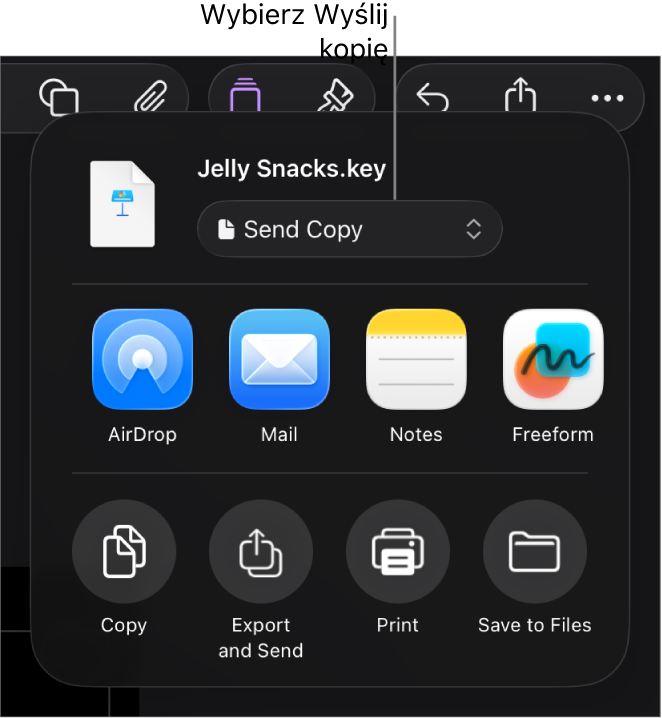 Menu udostępniania z wybraną opcją Wyślij kopię (na górze).