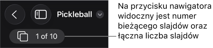 Przycisk nawigatora slajdów z wyświetlonym numerem slajdu oraz łączną liczbą slajdów w prezentacji.